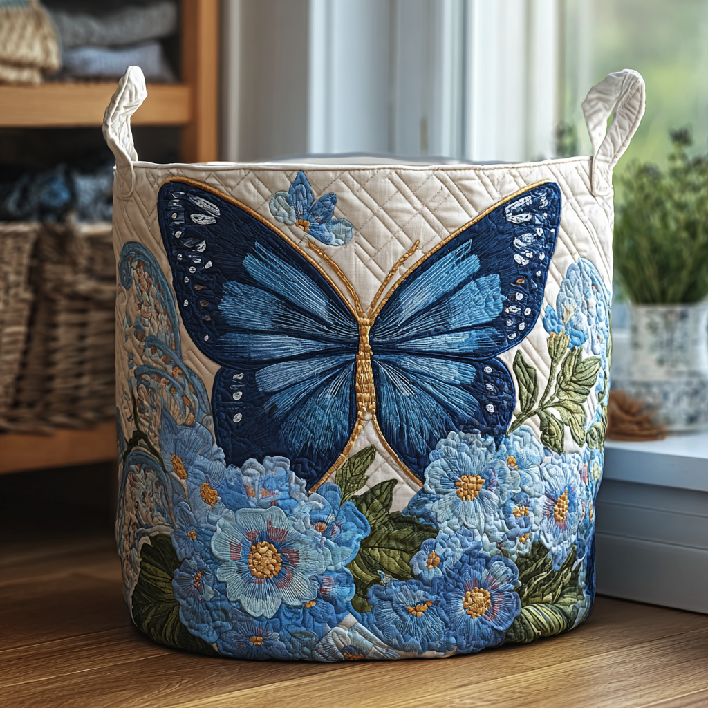 Quilted storage basket with a blue butterfly and blue flowers design