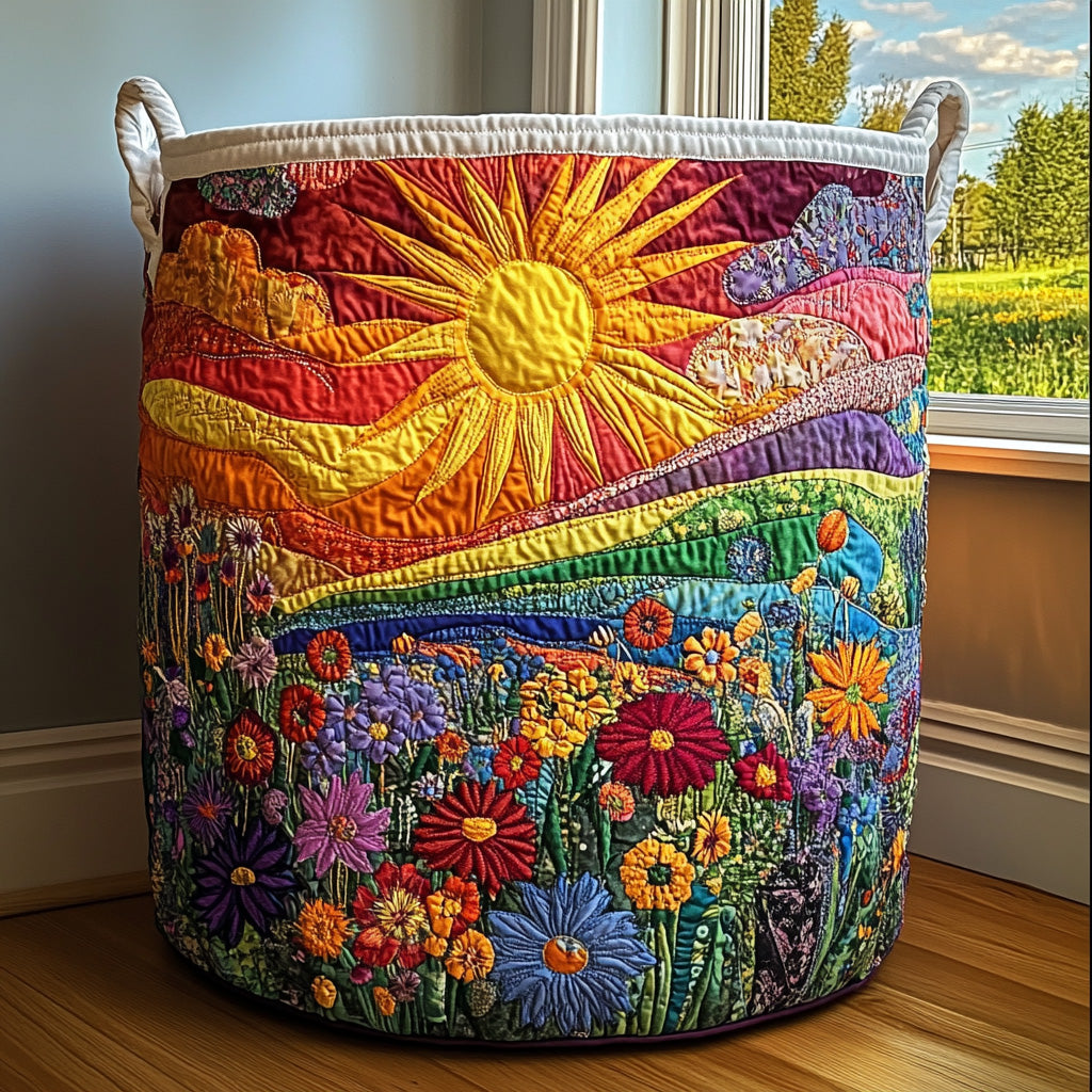 Quilted storage basket with a radiant sun over hills and colourful wildflowers