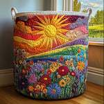 Quilted storage basket with a radiant sun over hills and colourful wildflowers
