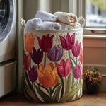 Quilted storage basket decorated with colorful blooming tulips, filled with towels