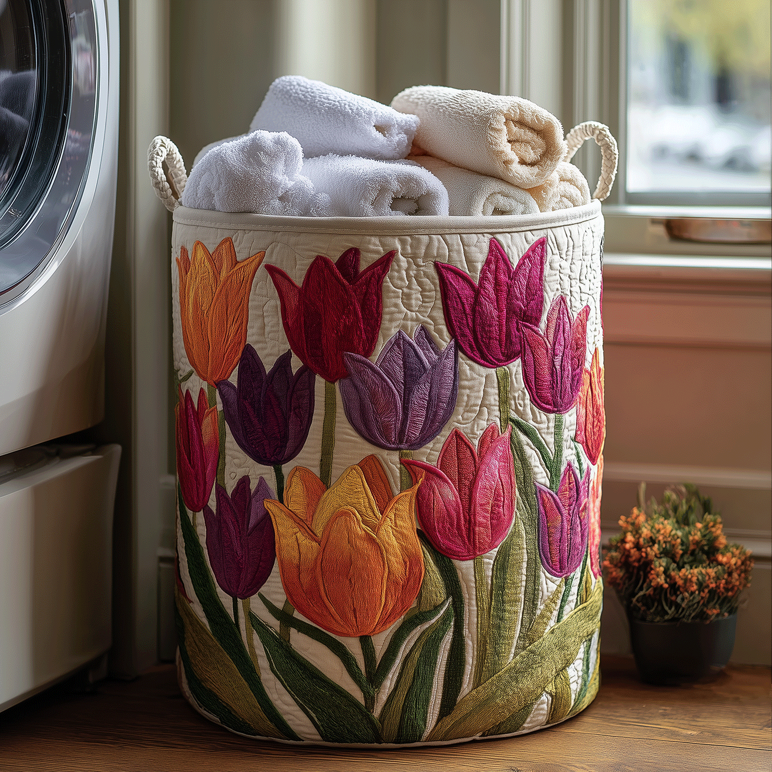 Quilted storage basket decorated with colorful blooming tulips, filled with towels