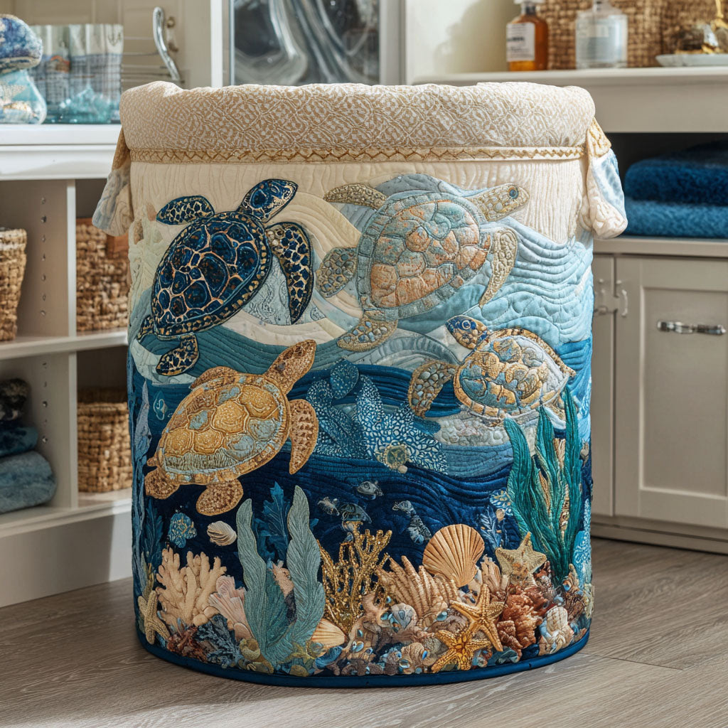 Quilted storage basket with sea turtles artwork