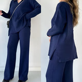 Julianna - Elegant set with long-sleeve V-neck blouse and trousers
