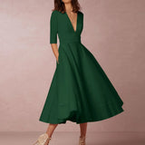 Women's Elegant A-Line Dress | Midi, Deep V-Neck