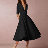 Women's Elegant A-Line Dress | Midi, Deep V-Neck