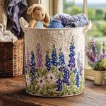 Quilted storage basket with embroidered wildflower meadow design in purple and blue