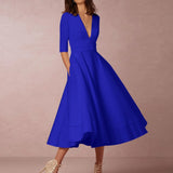 Women's Elegant A-Line Dress | Midi, Deep V-Neck