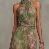 Serena™ | Long green dress with a floral print and a halter neck