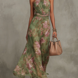Serena™ | Long green dress with a floral print and a halter neck