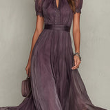 Flavia | Long Purple Dress Keyhole Neckline Chiffon Lace Trim