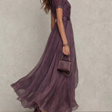 Flavia | Long Purple Dress Keyhole Neckline Chiffon Lace Trim
