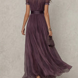 Flavia | Long Purple Dress Keyhole Neckline Chiffon Lace Trim