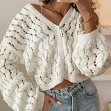 Devina - Stylish hollow out button-up cropped V-neck cardigan