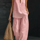 Dianna - Elegant V-neck sleeveless loose top and pants set