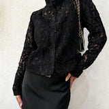 Adelia - Elegant lace floral stand-up collar long sleeve blouse