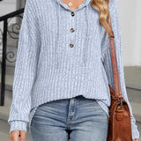 Jenise - Casual ribbed knit button detail hooded sweatshirt