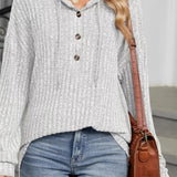 Jenise - Casual ribbed knit button detail hooded sweatshirt