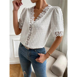 Azalea - Elegant V-neck lace trim short sleeve blouse
