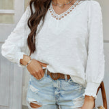 Zailyn - Loose stylish jacquard embroidered V-neck long-sleeve blouse