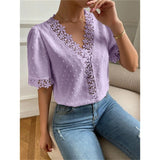Azalea - Elegant V-neck lace trim short sleeve blouse