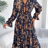 Lyndsey - Elegant stylish floral long sleeve A-line midi dress
