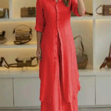 Sunniva - Casual linen buttoned maxi dress and wide-leg trousers set