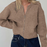 Cathryn - Casual ribbed knitted zip-up long sleeve cardigan