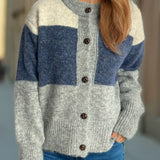 Ysabella - Casual color block warm round neck button-up cardigan