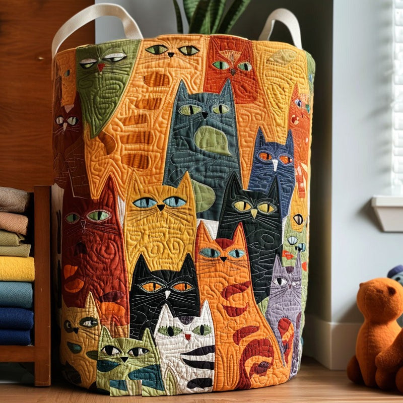 Quilted storage basket with a gang of cats in orange tones