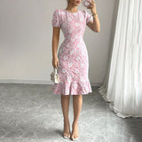 Veyana - Floral jacquard short puff sleeve ruffle hem bodycon dress