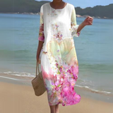 Women's Floral Summer Midi Dress | Beach, 3/4 Sleeve