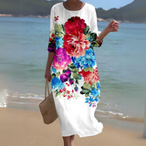 Women's Floral Summer Midi Dress | Beach, 3/4 Sleeve