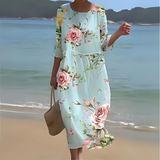 Women's Floral Summer Midi Dress | Beach, 3/4 Sleeve