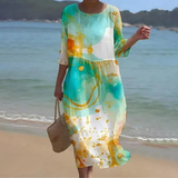 Women's Floral Summer Midi Dress | Beach, 3/4 Sleeve