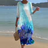 Women's Floral Summer Midi Dress | Beach, 3/4 Sleeve