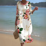 Women's Floral Summer Midi Dress | Beach, 3/4 Sleeve