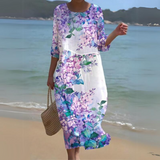 Women's Floral Summer Midi Dress | Beach, 3/4 Sleeve