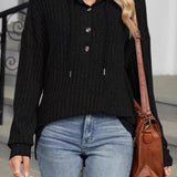 Jenise - Casual ribbed knit button detail hooded sweatshirt
