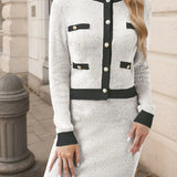 Ysolde - Elegant two-piece set with long-sleeve top and skirt with contrast trim and buttons