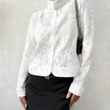 Adelia - Elegant lace floral stand-up collar long sleeve blouse
