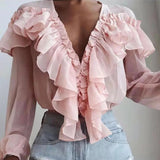 Nychelle - Elegant long-sleeve ruffle blouse with deep V-neck
