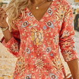 Rosaly - Stylish v-neck bohemian print long-sleeved blouse