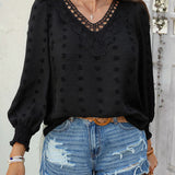 Zailyn - Loose stylish jacquard embroidered V-neck long-sleeve blouse