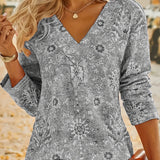 Rosaly - Stylish v-neck bohemian print long-sleeved blouse