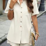 Aileen - Stylish polo button blouse and short set