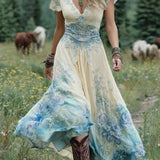 Floral Print Maxi Dress with Short Sleeves