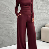 Mireya - Elegant long-sleeve fitted top and wide-leg trousers set