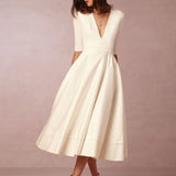 Women's Elegant A-Line Dress | Midi, Deep V-Neck