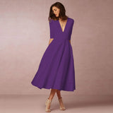 Women's Elegant A-Line Dress | Midi, Deep V-Neck