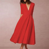 Women's Elegant A-Line Dress | Midi, Deep V-Neck